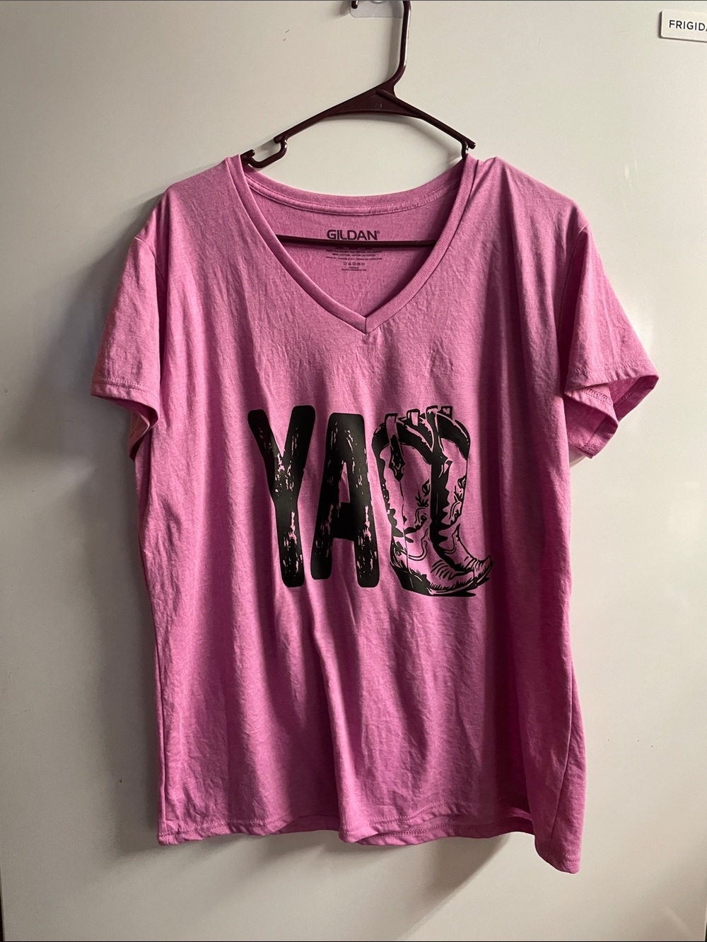 Gildan Pink V-Neck Tee with Black 'YAY' Graphic
